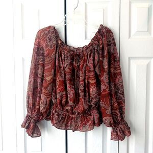 Flying Tomato Size LARGE Peasant Top Blouse Tie Front Gathered Waist Paisley